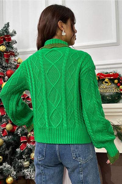 Cable-Knit Ruffled Mock Neck Lantern Sleeve Sweater Trendsi