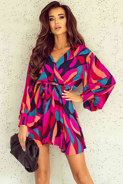 Printed Surplice Neck Tie Waist Dress Trendsi