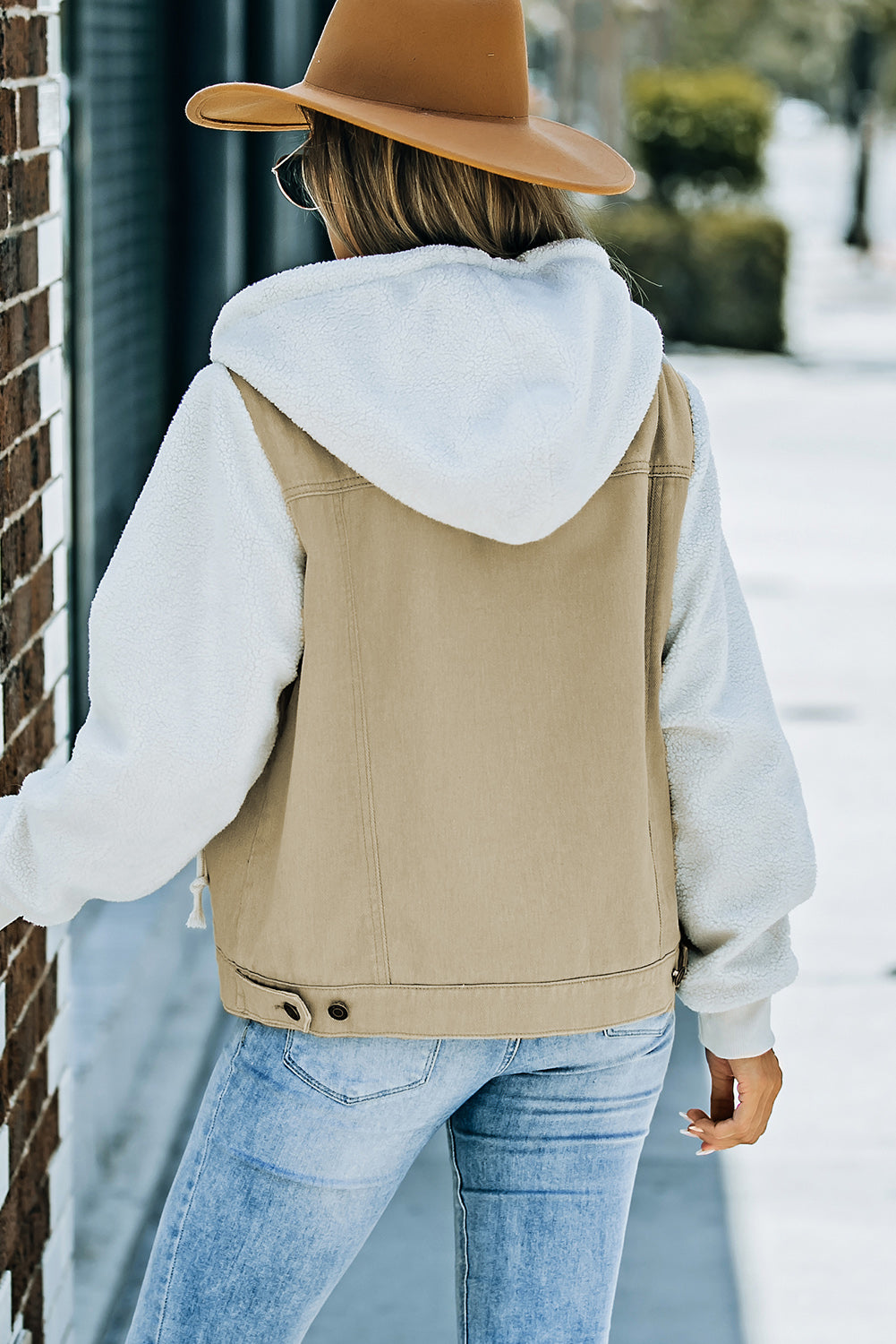 Two-Tone Spliced Denim Sherpa Hooded Jacket Trendsi