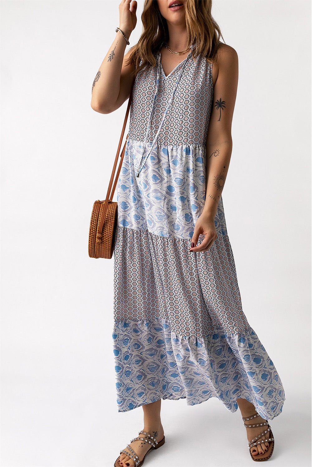 Mixed Print Tie-Neck Sleeveless Maxi Dress Trendsi