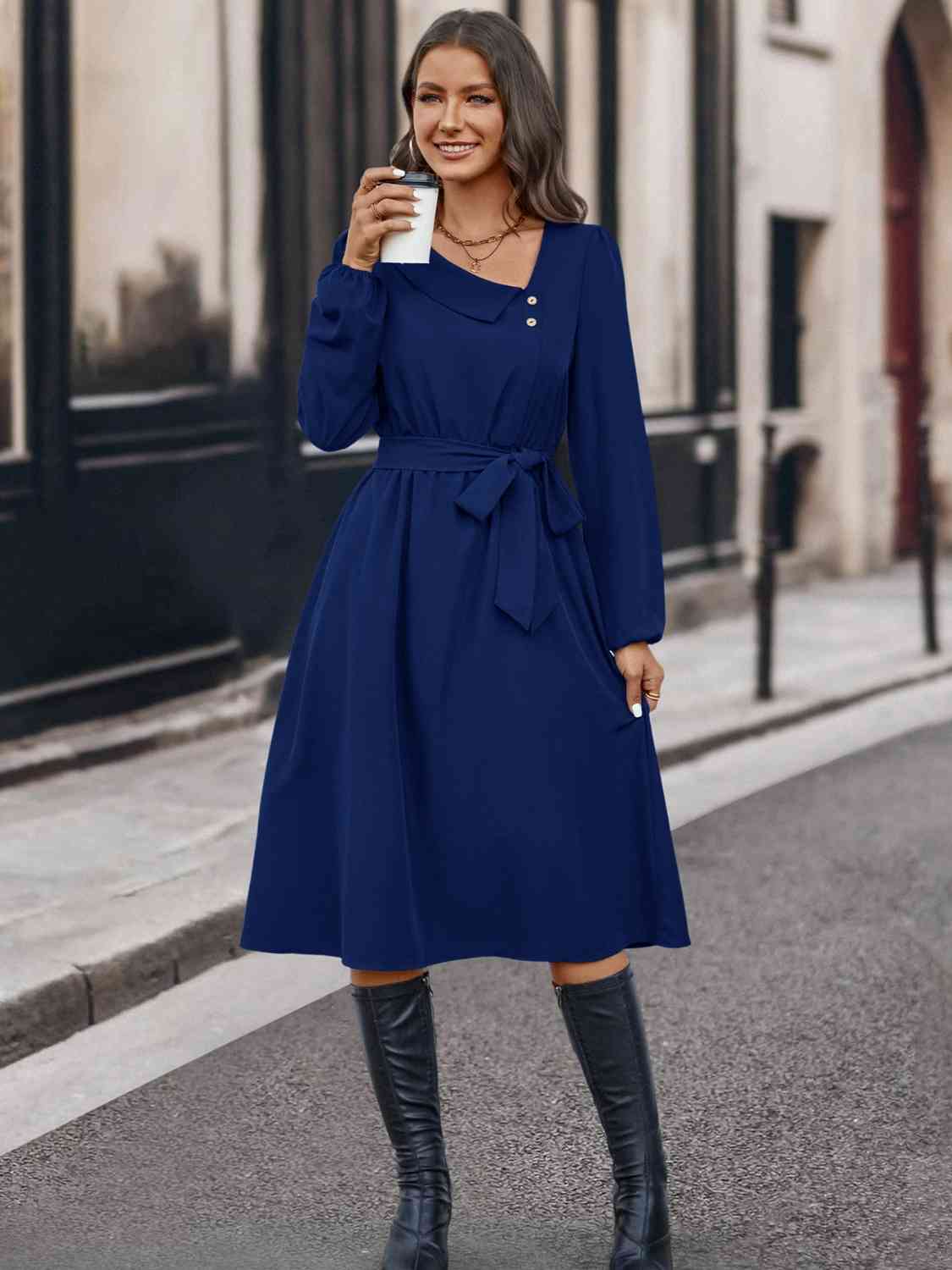 Buttoned Tie Front Long Sleeve Asymmetrical Neck Dress Trendsi