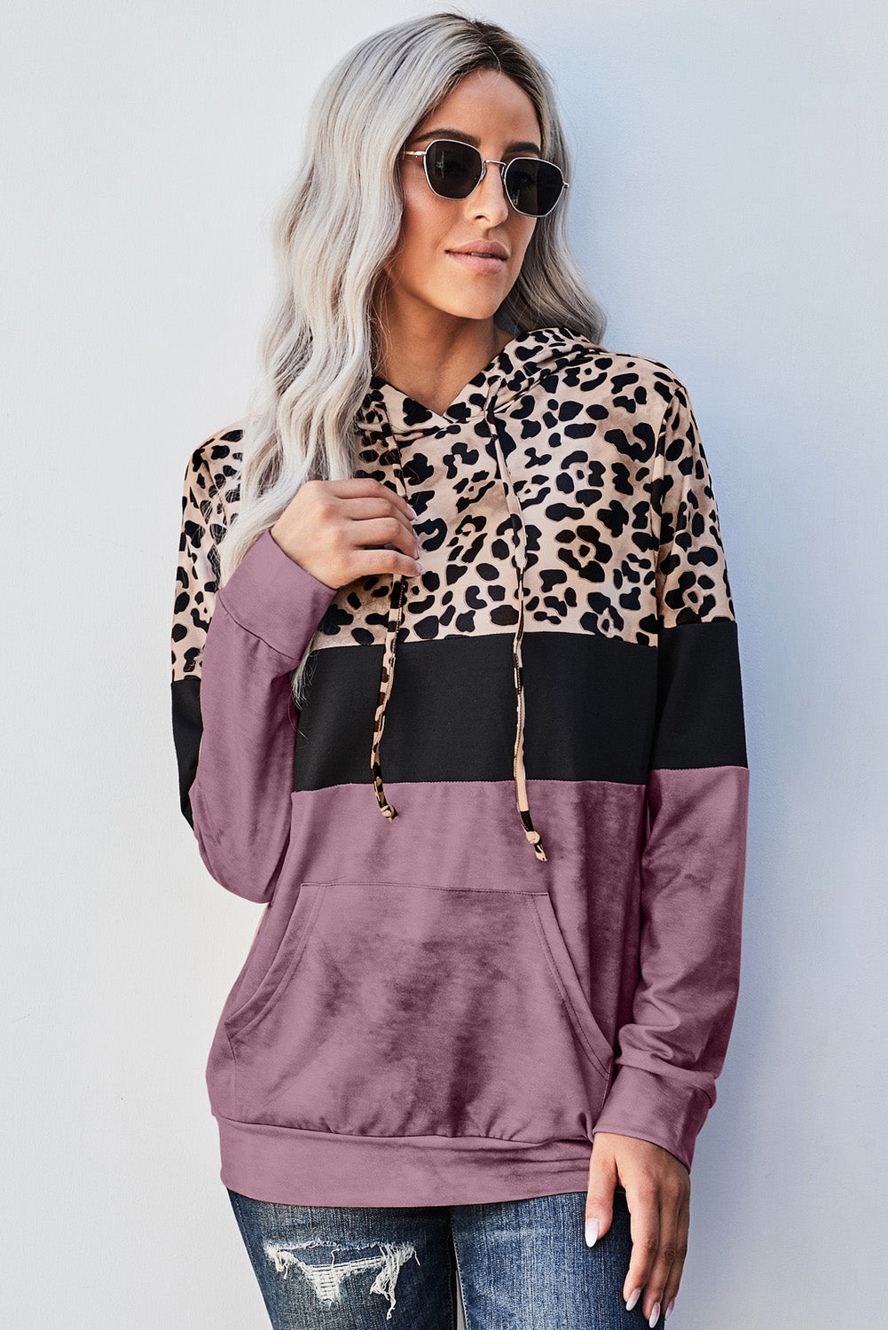 Leopard Color Block Hoodie Trendsi