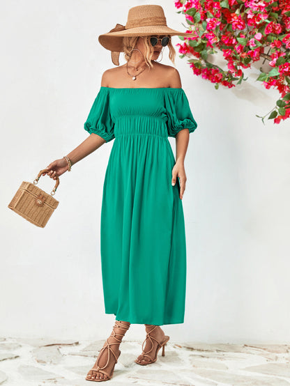 Off-Shoulder Balloon Sleeve Midi Dress Trendsi