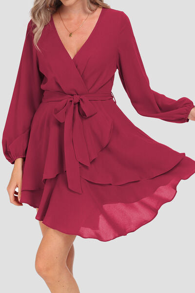 Tied Surplice Balloon Sleeve Layered Dress Trendsi