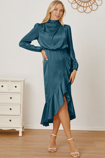 Mock Neck Ruffled Asymmetrical Dress Trendsi