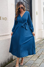 Pleated Long Sleeve Surplice Maxi Dress Trendsi
