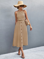 Buttoned Halter Neck Frill Trim Midi Dress Trendsi