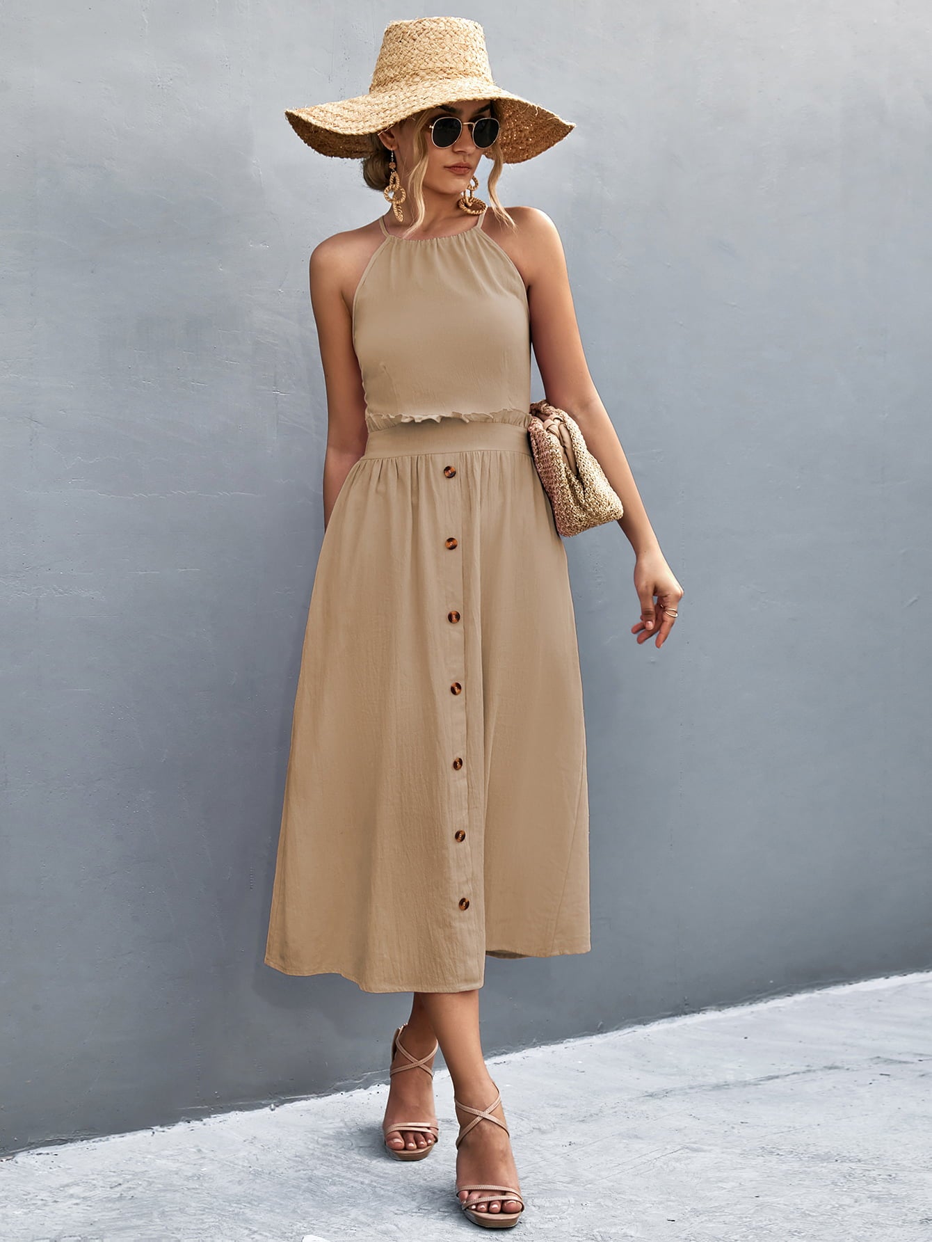 Buttoned Halter Neck Frill Trim Midi Dress Trendsi