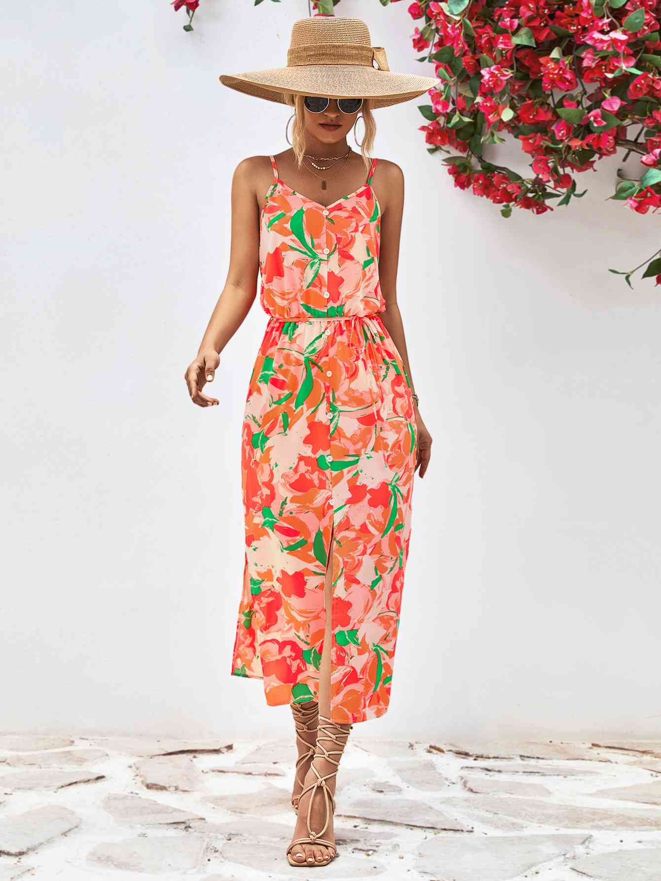 Printed Spaghetti Strap Front Slit Dress Trendsi