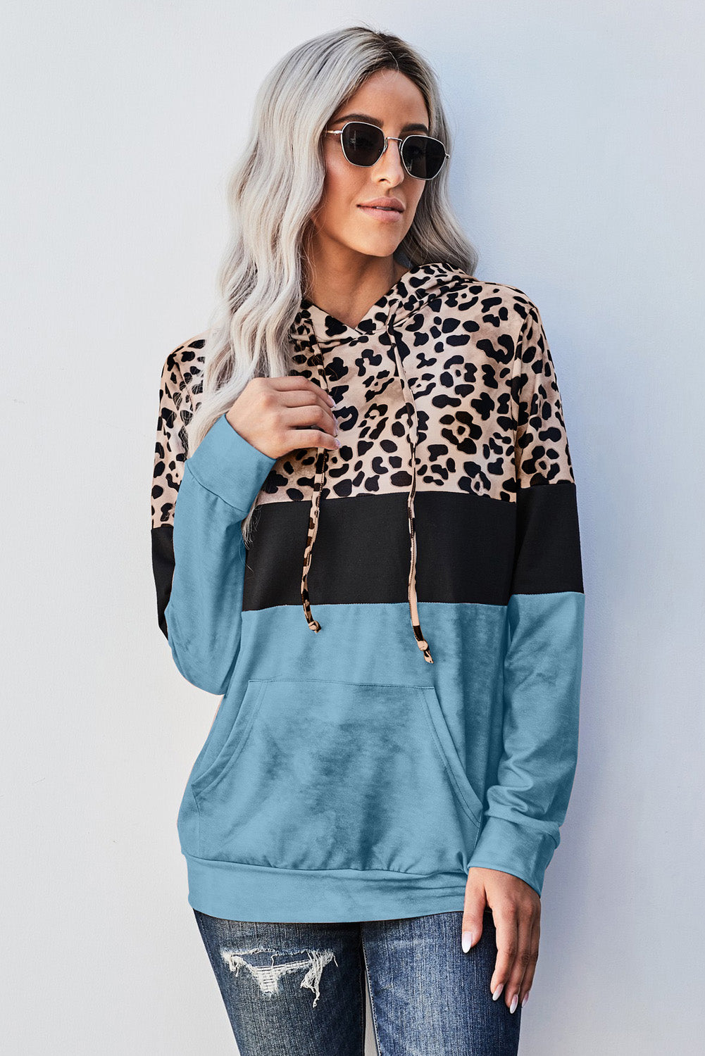 Leopard Color Block Hoodie Trendsi