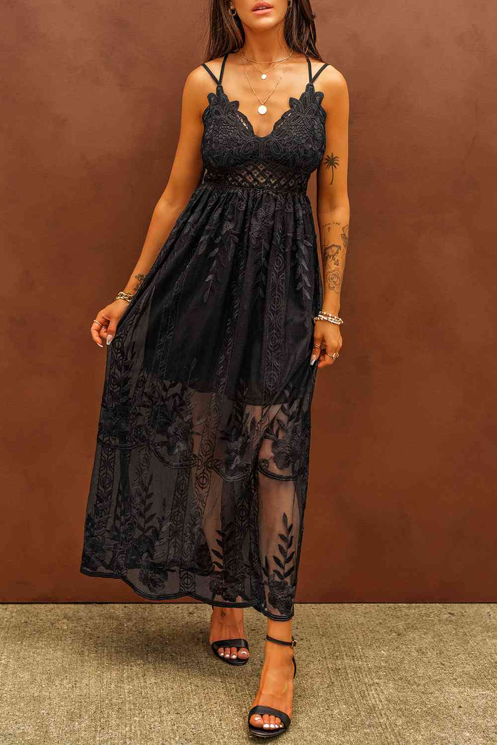 Lace Crisscross Back Sleeveless Maxi Dress Trendsi