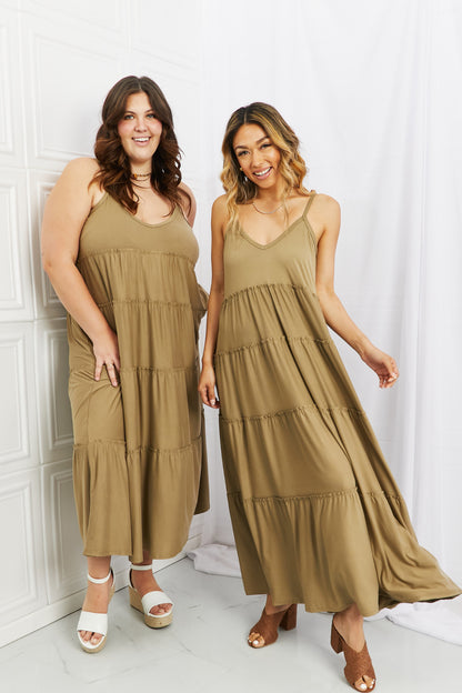 Zenana Full Size Spaghetti Strap Tiered Dress with Pockets in Khaki Trendsi