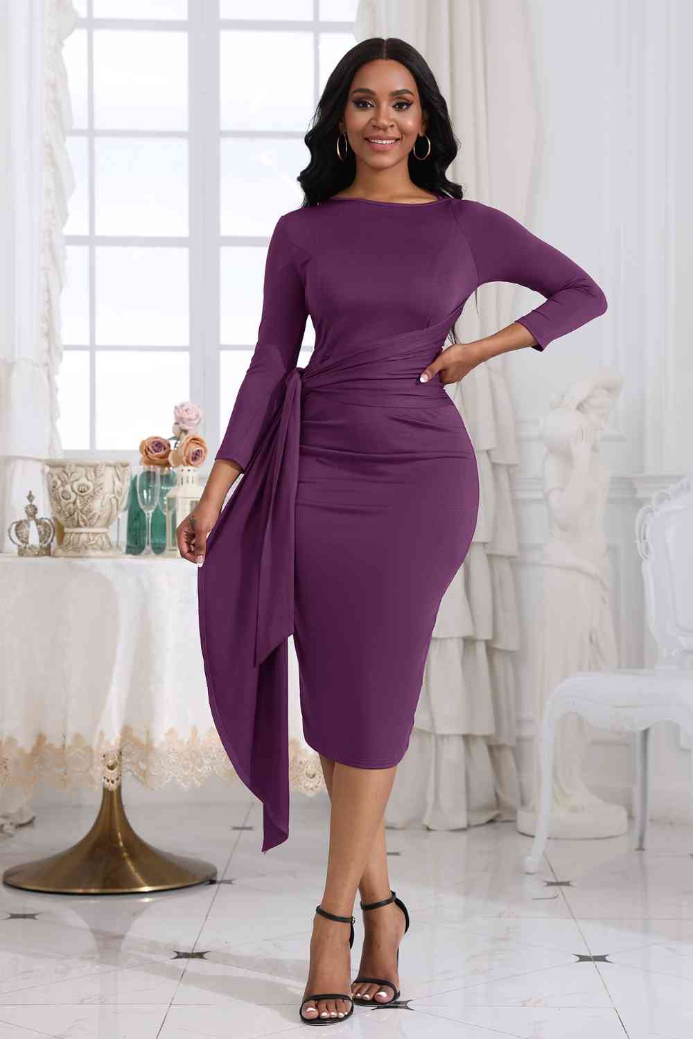 Tie Detail Round Neck Midi Dress Trendsi