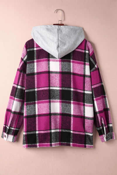 Button Up Plaid Hooded Jacket Trendsi