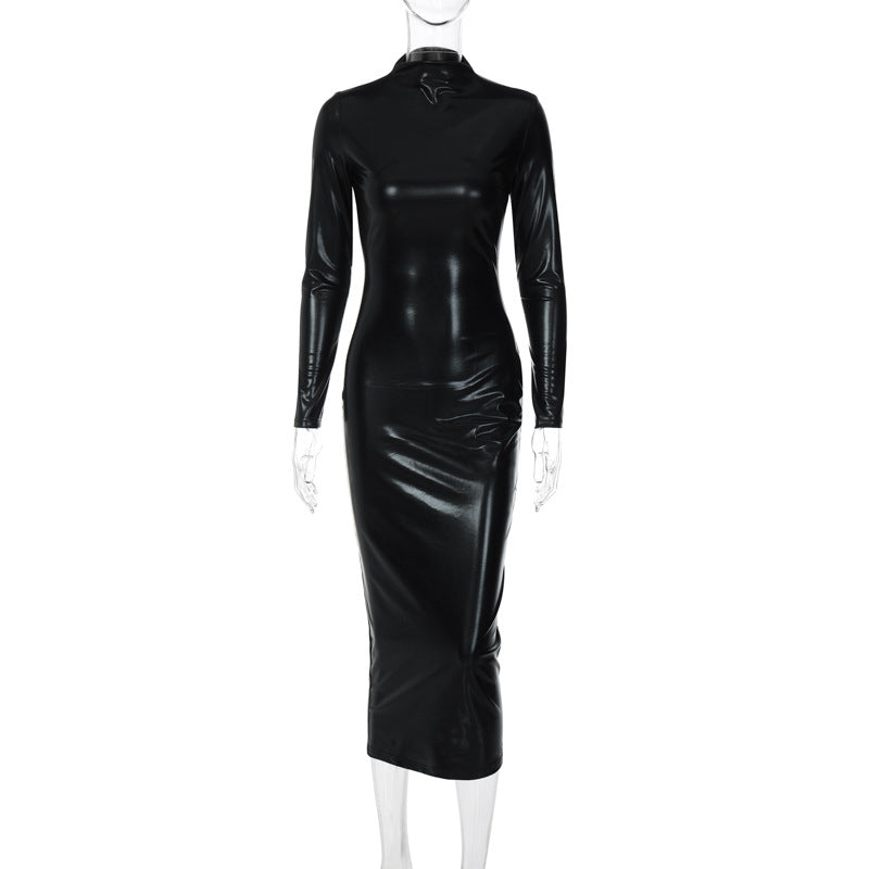 Leather Dark Solid Color Slim Dress aclosy