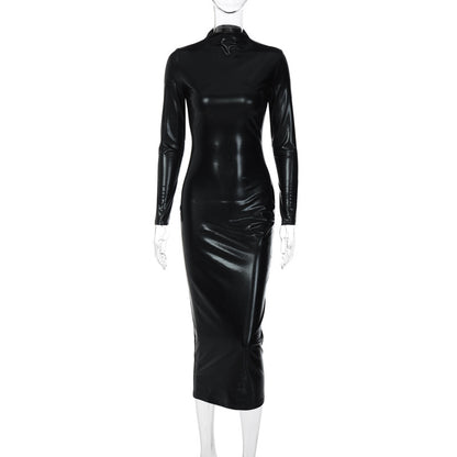 Leather Dark Solid Color Slim Dress aclosy