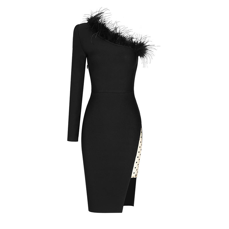 Fur One-shoulder Mesh Dress aclosy