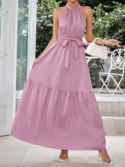 Belted Grecian Neck Tiered Maxi Dress Trendsi