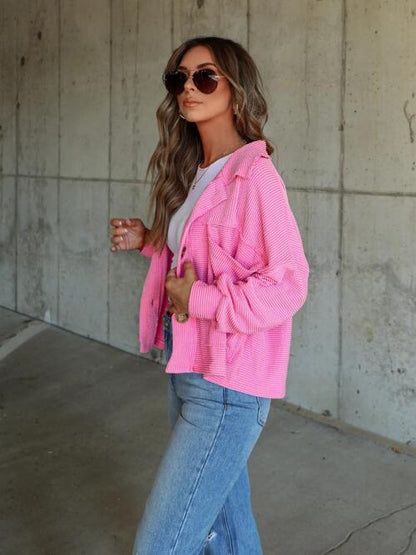 Ribbed Collared Neck Button Up Jacket Trendsi