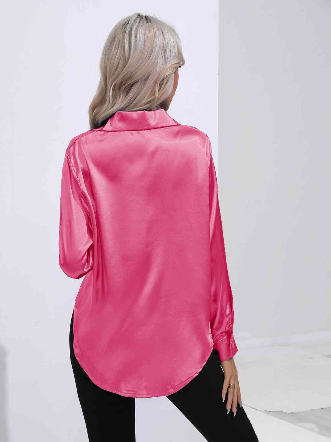 Collared Neck Buttoned Long Sleeve Shirt Trendsi