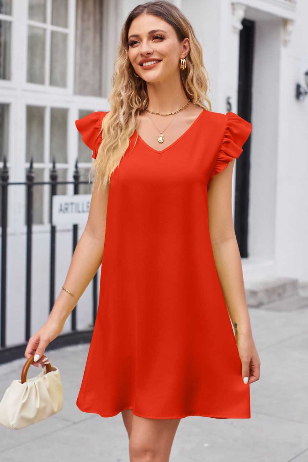 Ruffled V-Neck Flutter Sleeve Dress Trendsi