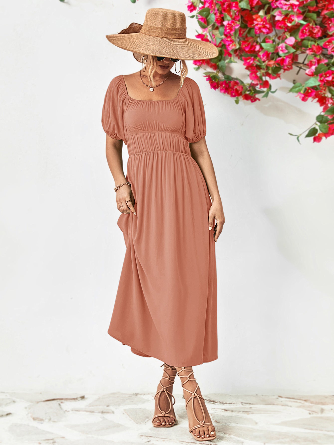 Off-Shoulder Balloon Sleeve Midi Dress Trendsi