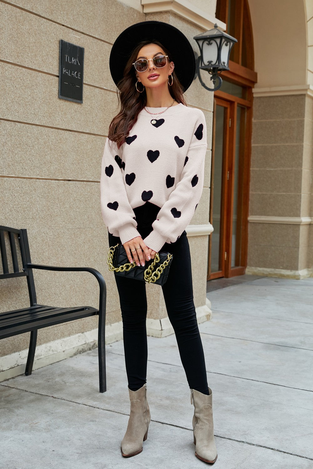 Heart Pattern Lantern Sleeve Round Neck Tunic Sweater Trendsi