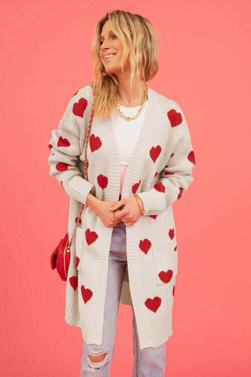 Heart Graphic Open Front Cardigan with Pockets Trendsi