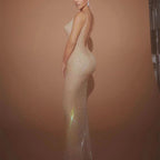 Women's Temperament Mesh Gauze With Diamonds Sleeveless Tight Long Dress aclosy