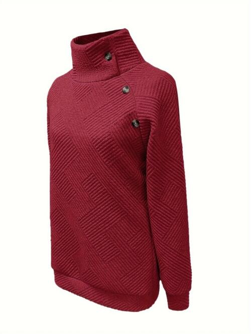 Buttoned Mock Neck Long Sleeve Sweatshirt Trendsi