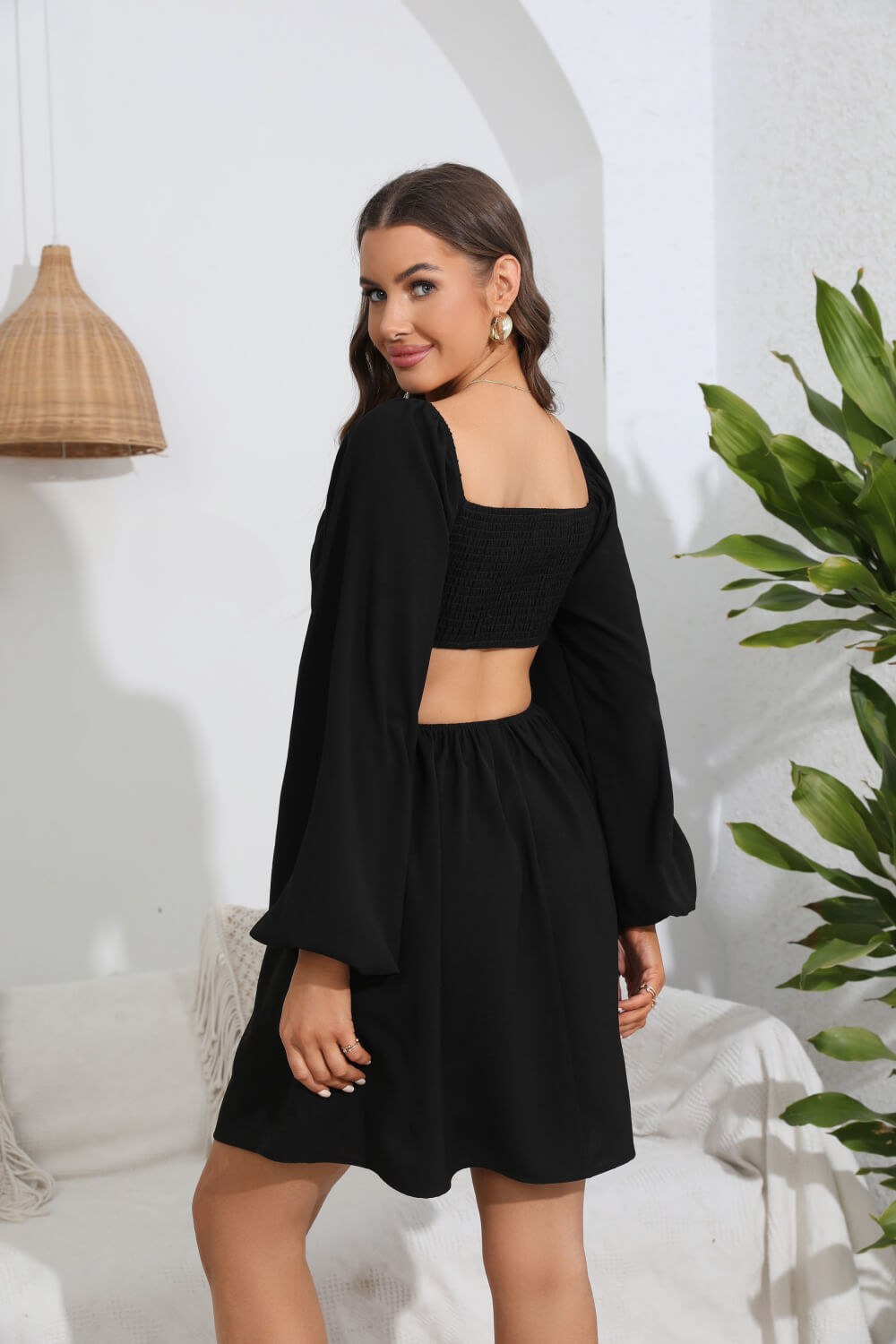 Cutout Long Balloon Sleeve Dress Trendsi