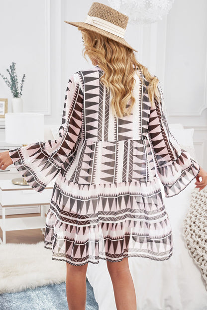 Printed Notched Neck Flare Sleeve Tiered Dress Trendsi