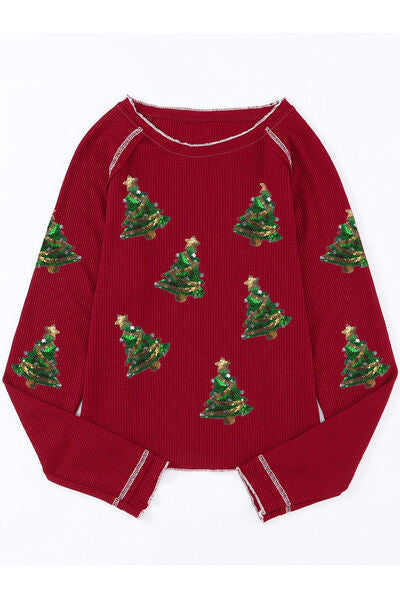 Christmas Tree Sequin Waffle Knit Long Sleeve Sweatshirt Trendsi