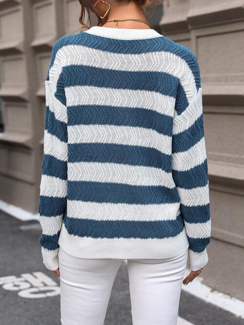 Striped Round Neck Dropped Shoulder Sweater Trendsi