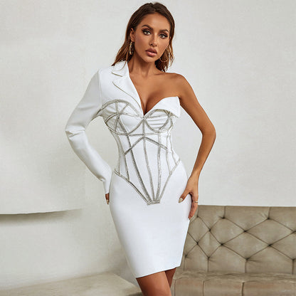 Women's Fashion Simple Sequin One-shoulder Dress aclosy