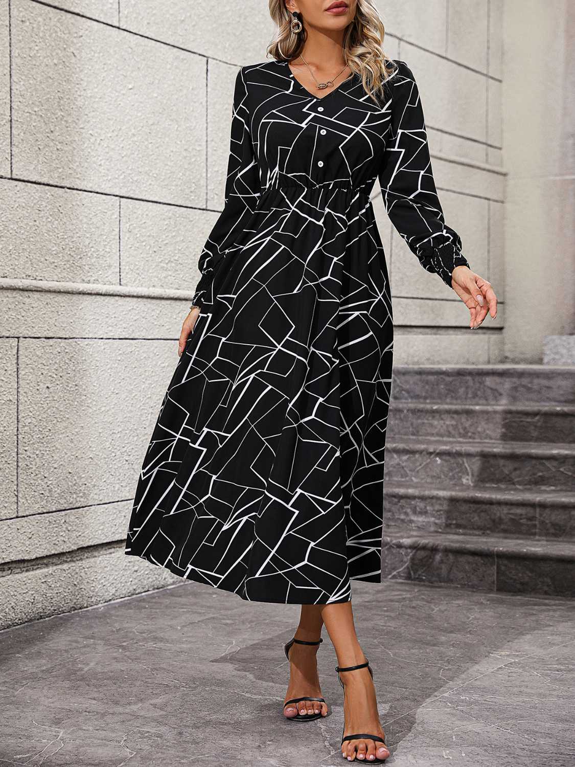 Geometric V-Neck Lantern Sleeve Dress Trendsi