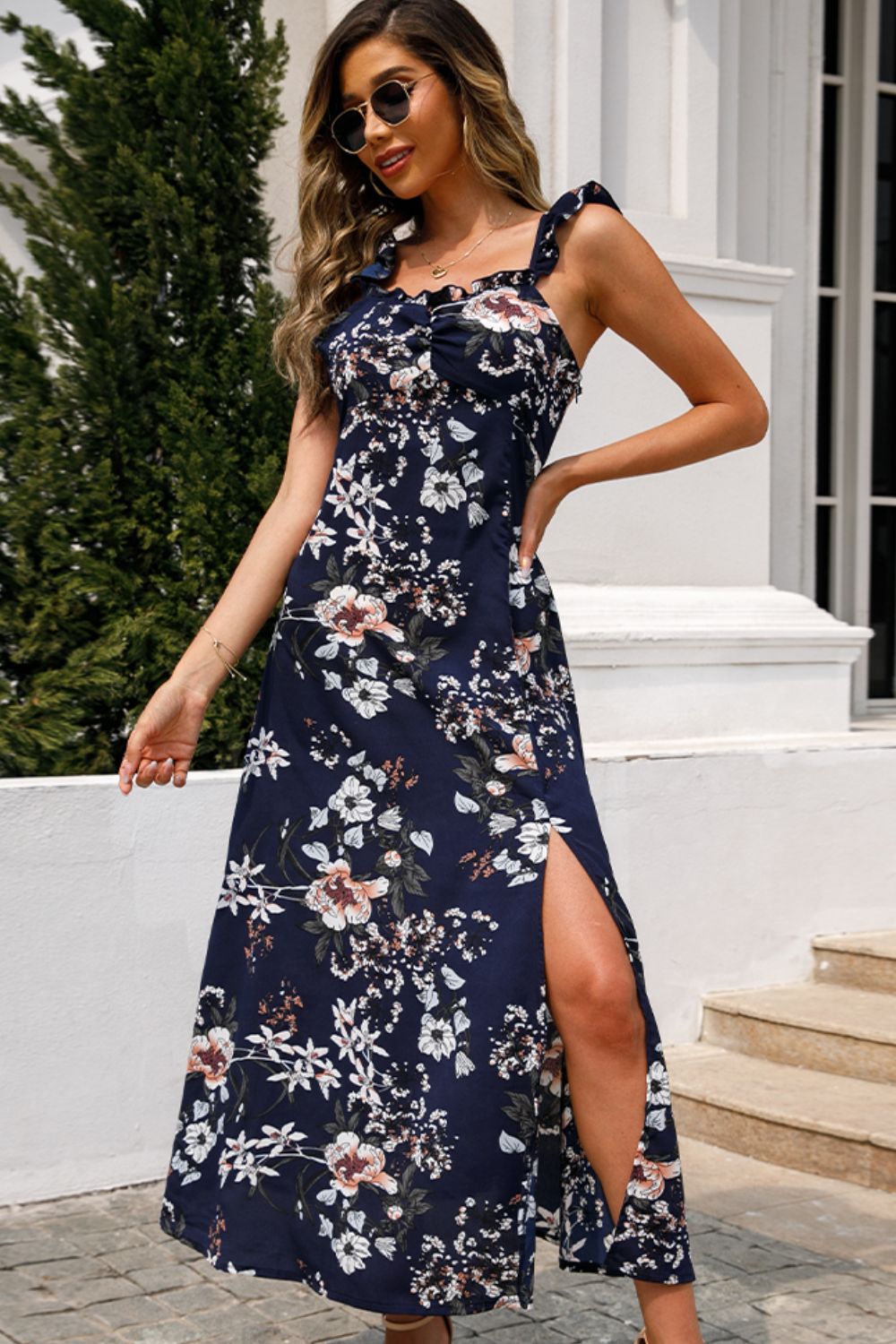 Floral Print Sleeveless Square Neck Slit Midi Dress Trendsi