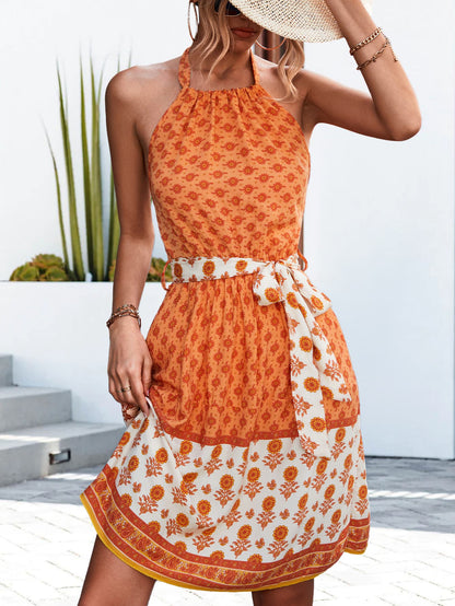 Floral Halter Neck Tie Waist Dress Trendsi