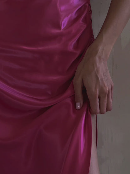 Satin V-neck Side Gathered Dress-Pink