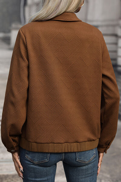 Textured Zip Up Collared Neck Jacket Trendsi