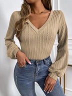 Cable-Knit V-Neck Long Sleeve Knit Top Trendsi