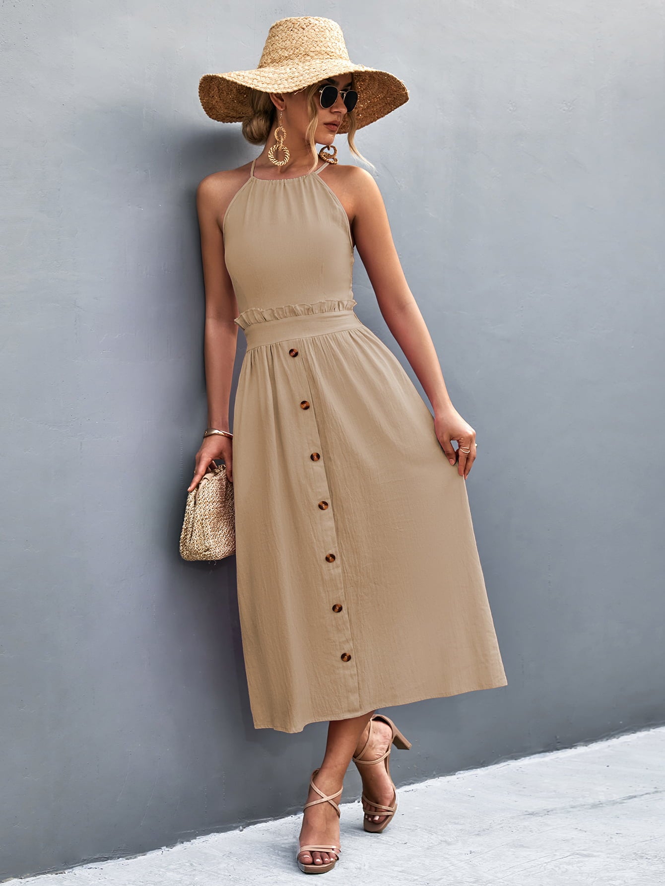 Buttoned Halter Neck Frill Trim Midi Dress Trendsi
