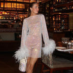 Mesh Feather Party Dress aclosy