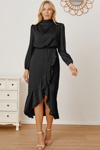 Mock Neck Ruffled Asymmetrical Dress Trendsi