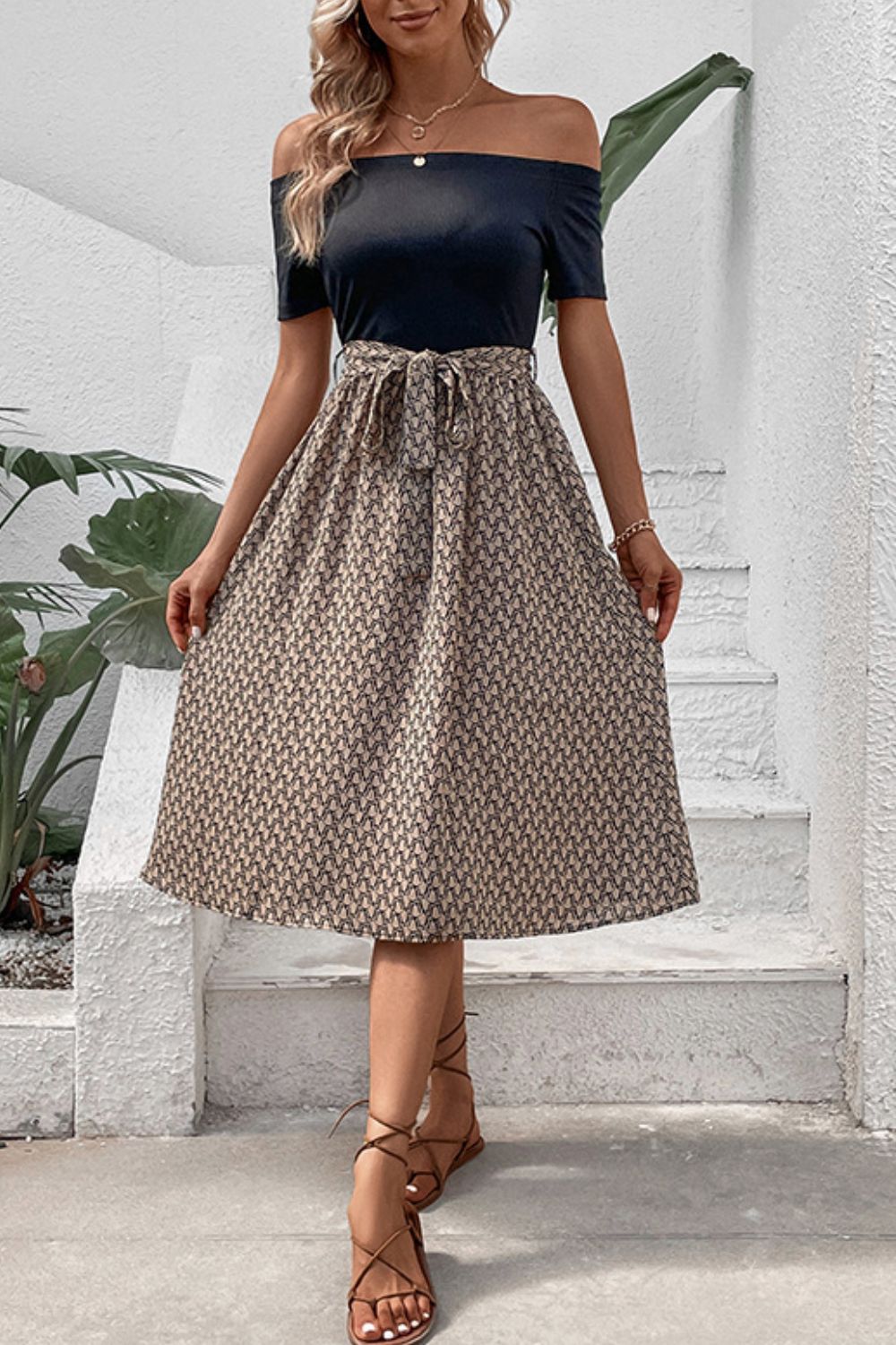 Printed Tie Belt Off-Shoulder Dress Trendsi