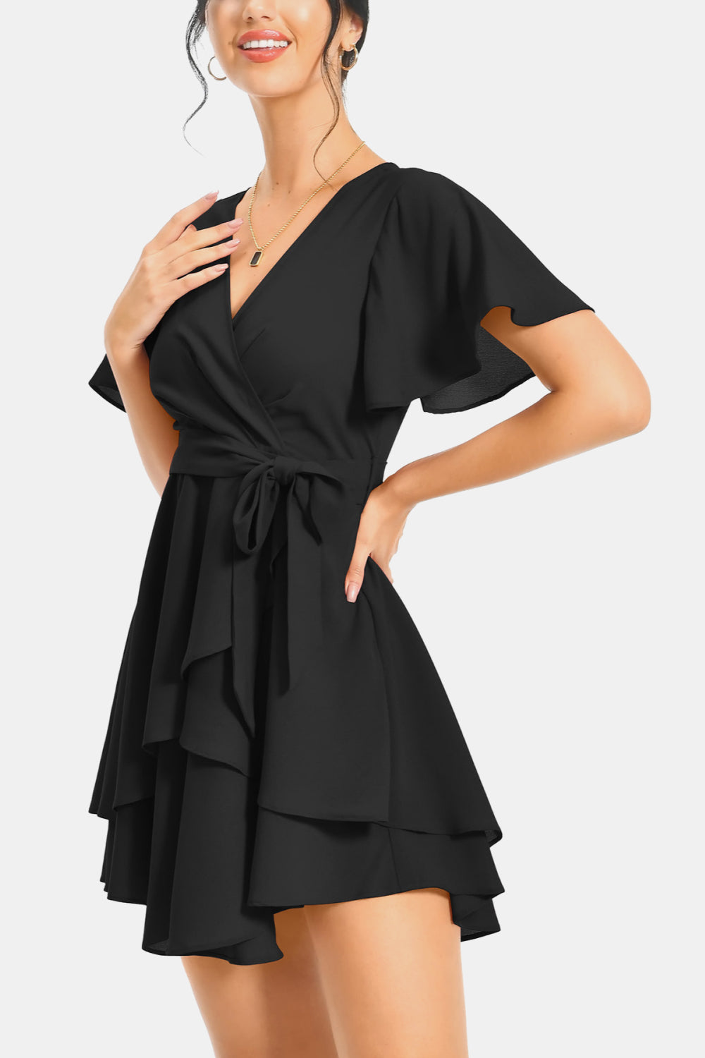 Surplice Neck Flutter Sleeve Dress Trendsi