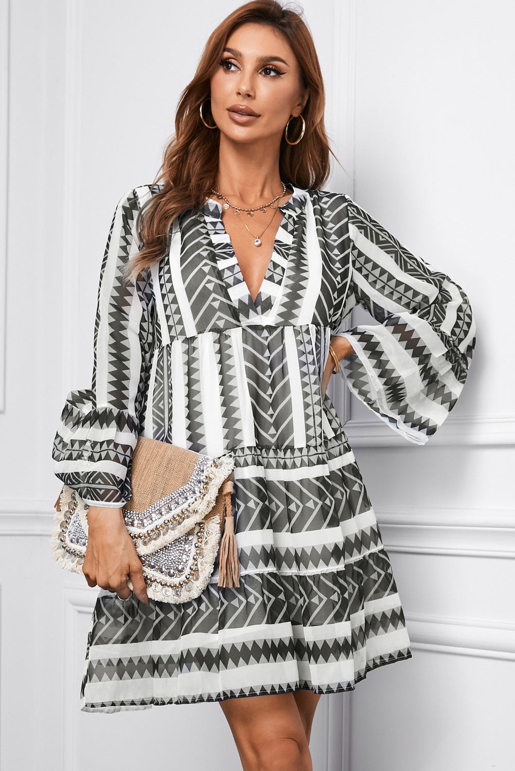 Printed Notched Neck Flare Sleeve Tiered Dress Trendsi