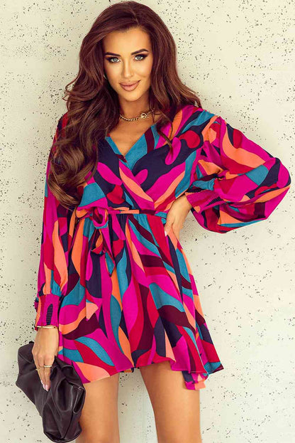 Printed Surplice Neck Tie Waist Dress Trendsi