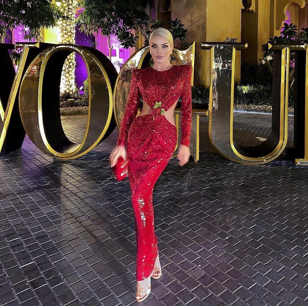 Lesya Round Neck Flower Waist Button Sequin Dress aclosy