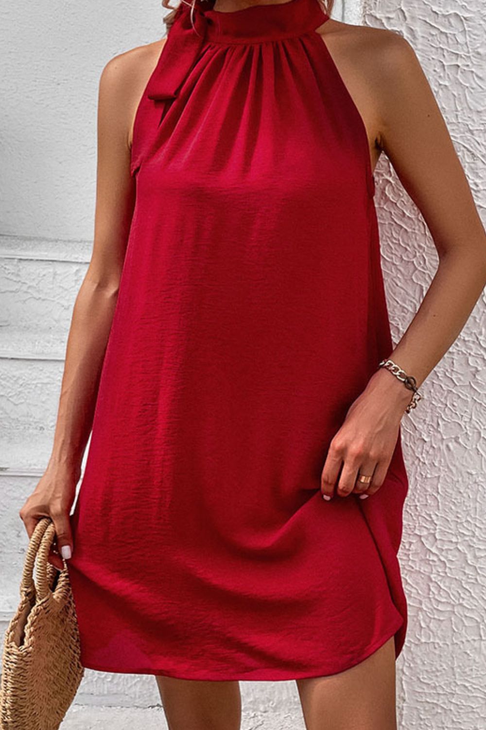 Tied Mock Neck Sleeveless Dress Trendsi